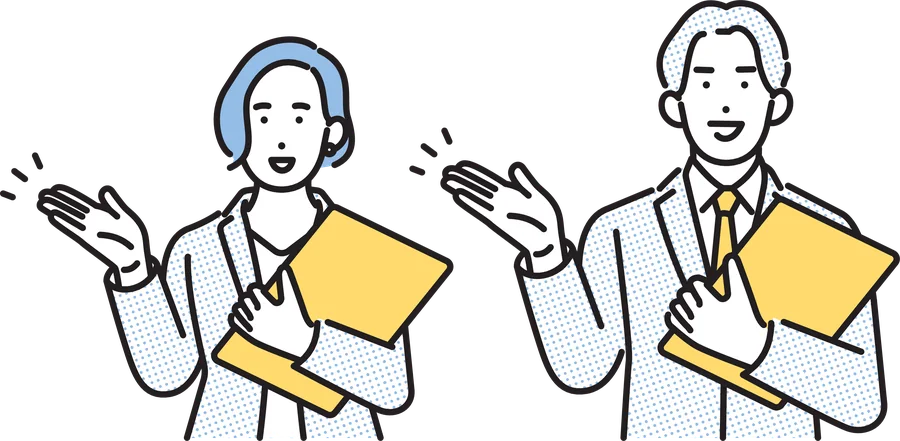 資料を手に説明するビジネスパーソン2人のイラスト