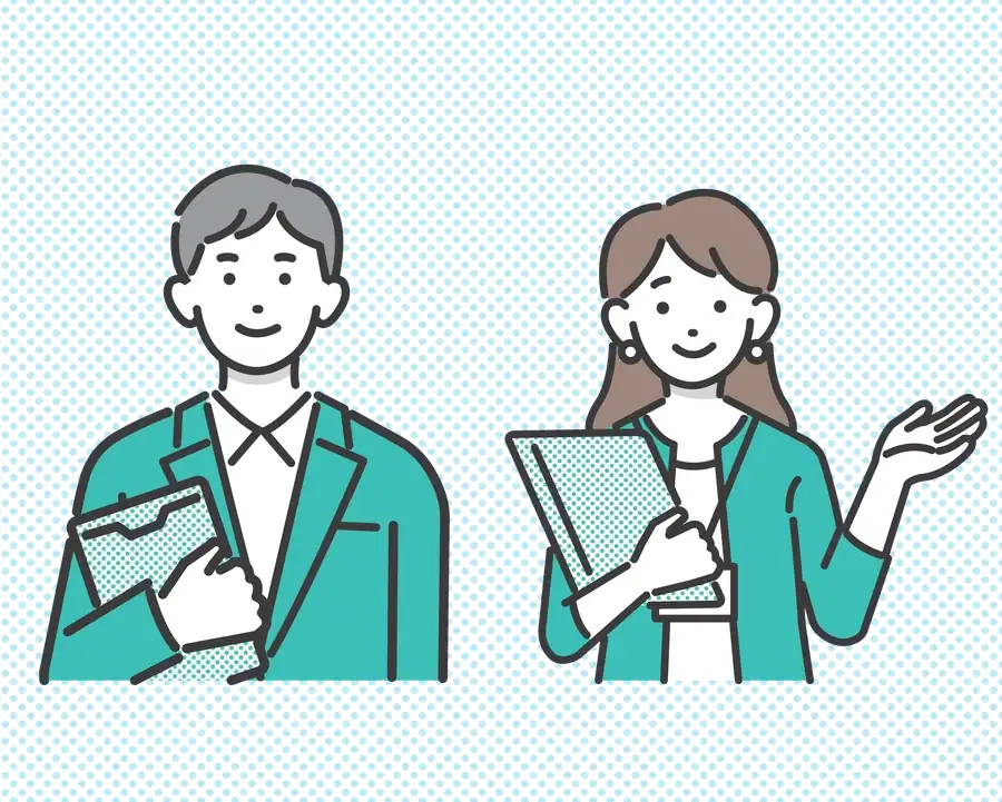 書類を手に説明するビジネスパーソンのイラスト