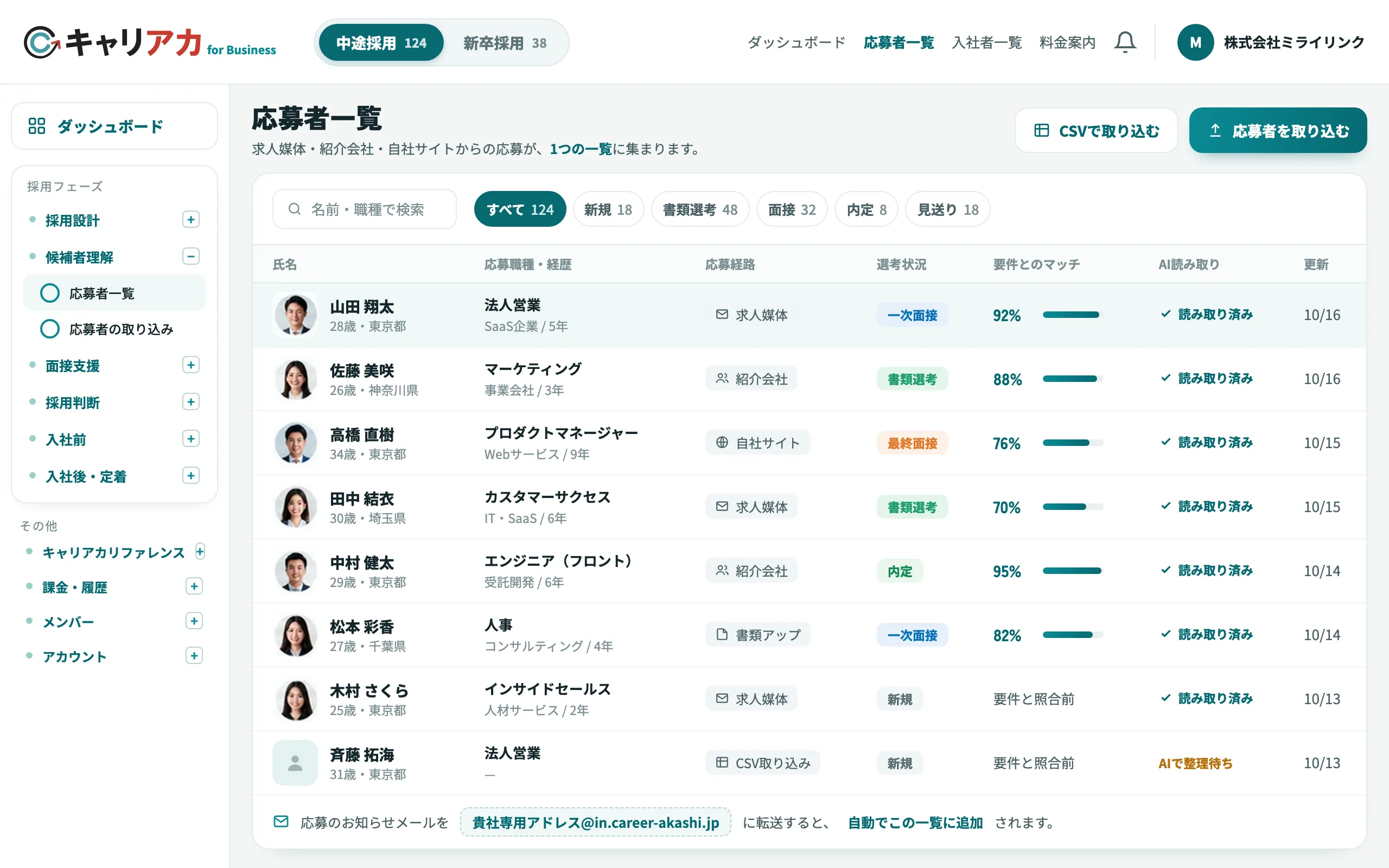 応募者一覧の画面（求人媒体・紹介会社・自社サイトからの応募が1つの一覧に集まる）