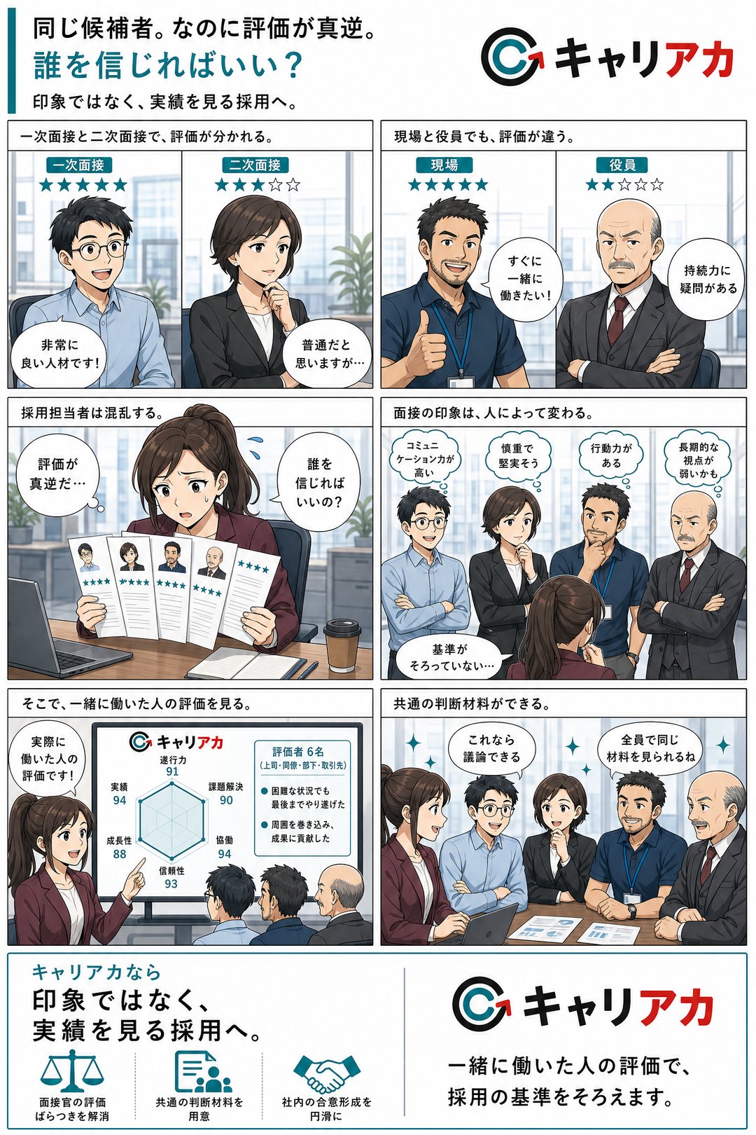マンガ：評価が真逆編 － 同じ候補者なのに、評価が真逆。誰を信じる？